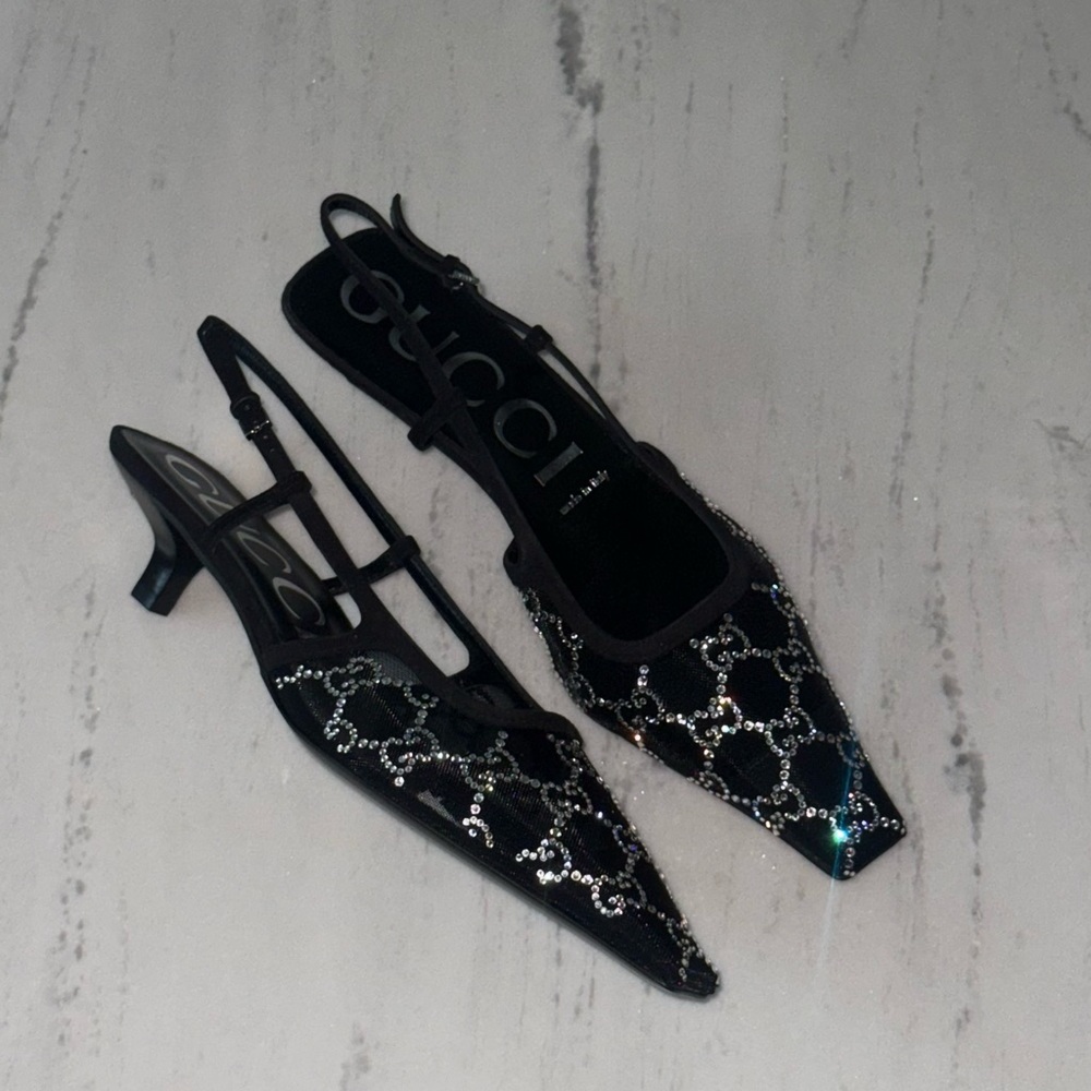Gucci Black Crystal-Patterned Pointed Toe Slingback Heels